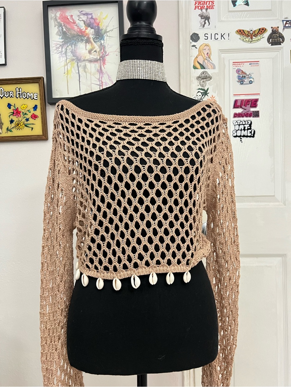 Beige Crochet Net Crop Top with Shell Trim